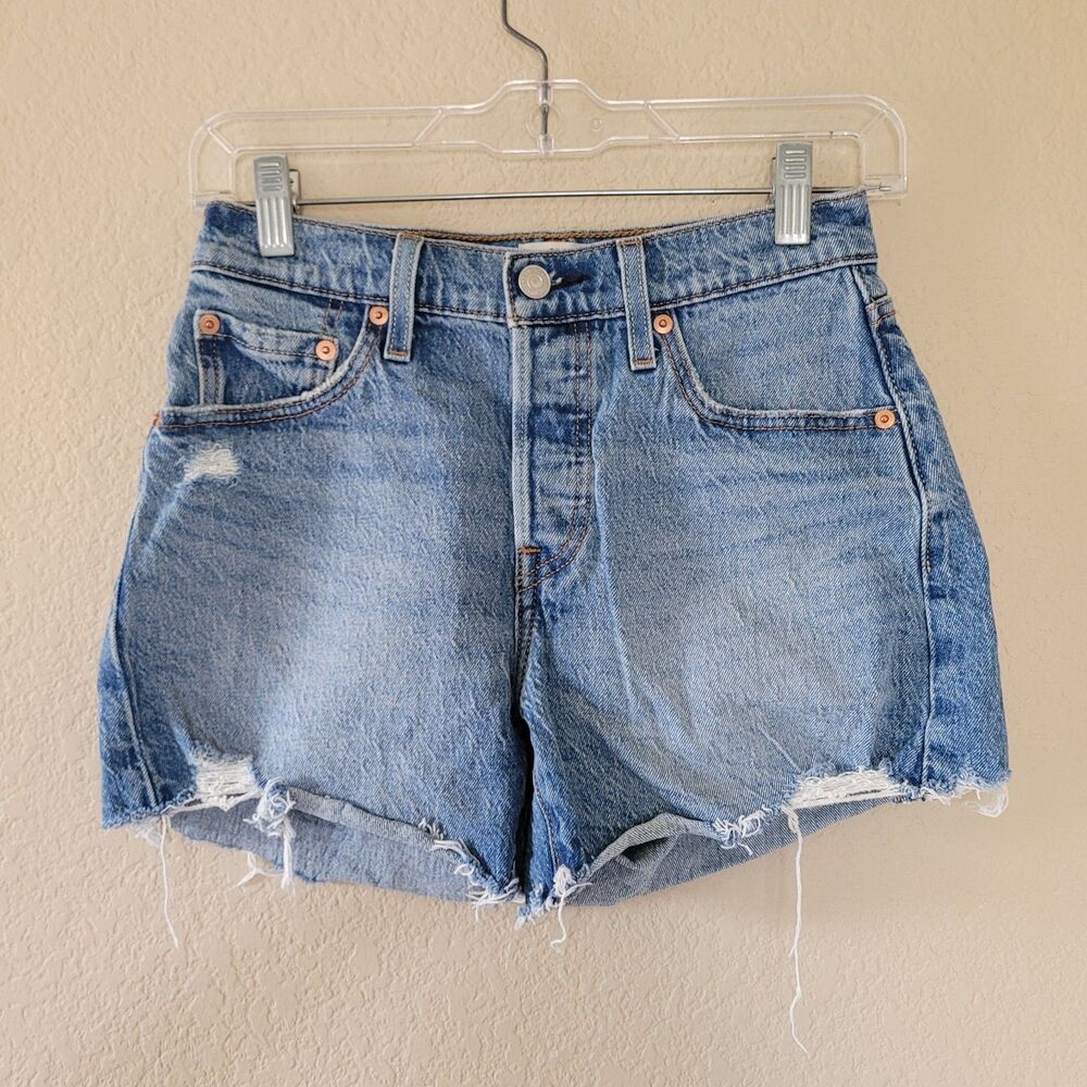 Levis 501 Curve Cut Off Jean Shorts Size 26 Blue Button Fly Raw Hem Distressed